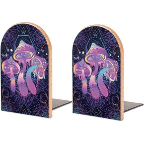 Magic Mushrooms Psychedelic Art Pattern Wood Bookends Decorative Bookend Non-Skid Office Book Stand for Books Office Files Magazine, Wood-style, One Size