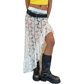 Women Lace Long Skirts Sheer Mesh See Through Midi Skirt Y2K Boho Flowy Skirt Summer Beach Maxi Skirts