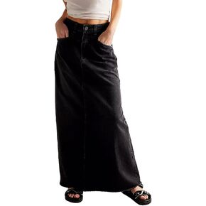 Alyweatry Women Trendy Denim Maxi Skirt High Waist A-Line Frayed Hem Loose Long Jean Skirt OOTD Streetwear