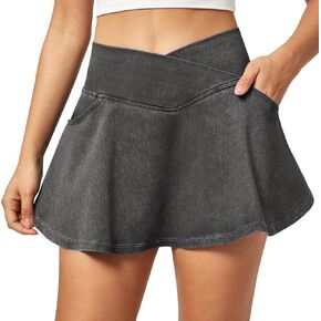 IUGA Stretchy Ruffle Denim Skort V-Waist Jean Skort with 4 Pockets Trendy High Waisted Mini Jean Skirt with Shorts Underneath