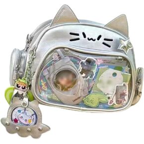 Cat Ita Bag Pin Display Backpack for School PU Leather Preppy Backpack for Girls Y2k Aesthetic Single Shoulder Bag (Silver)