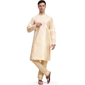 SKAVIJ Men's Floral Woven Design Kurta Pajama Set Jacquard Silk Thread Work 2-Piece Set