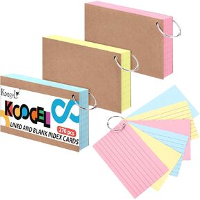 Koogel 270PCS Revision Cards, Blank Index Cards Lined Index Cards with Ring Flashcards Kraft paper cover for Vocabulary Learning Office School Home