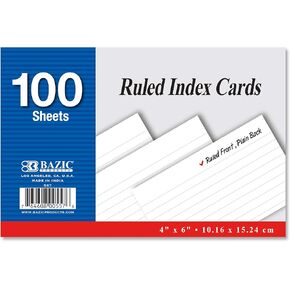 BAZIC 100 Ct. 4" X 6" Ruled White Index Card