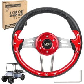 10L0L 12.5 Inch Golf Cart Steering Wheel, Skid Steering Wheel, Universal Golf Cart Fit for Yamaha G2-G29, for EZGO RXV,TXT, for Club Car DS, Club Car Precedent Tempo and Most（PU Leather-Red）
