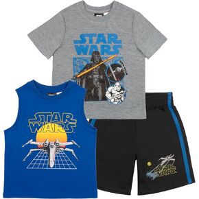 STAR WARS Boys 3 Piece Short Set Short Sleeve Shirt Tank Top Shirt and Shorts 3 Pack Bundle Set for Kids Toddlers