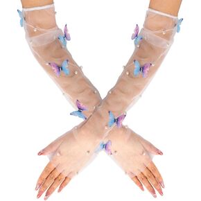 CASDRE Butterflies Tulle Gloves White Pearl Fingerless Wedding Gloves Elbow Long Bridal Arm Sleeves Halloween Accessories