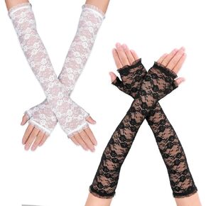2 pairs Long Lace Gloves Formal Fingerless Women Opera Black White Gloves Bridal Elbow Length Lace Floral Gloves for Wedding Tea Party Pattern Engagement Dress Prom UV Protection Arm Sleeves
