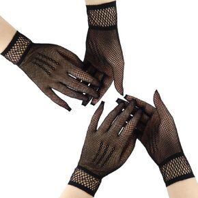 2 Pairs Black Fishnet Gloves Wrist Short Stretch Mesh Gloves Wedding Fishnet Gloves Bride Lace Glove for Theme Party Cosplay Women Costume Accessories