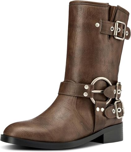 Saekcted Womens Chunky Block Low Heel Mid Calf Boots Riding Boots Slip-on Buckle Party Basic Classic Motorcycle Boots Buckle Biker Boots in Saudi Arabia