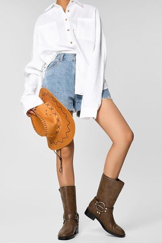 Saekcted Womens Chunky Block Low Heel Mid Calf Boots Riding Boots Slip-on Buckle Party Basic Classic Motorcycle Boots Buckle Biker Boots in Saudi Arabia