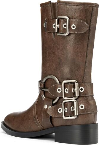 Saekcted Womens Chunky Block Low Heel Mid Calf Boots Riding Boots Slip-on Buckle Party Basic Classic Motorcycle Boots Buckle Biker Boots in Saudi Arabia