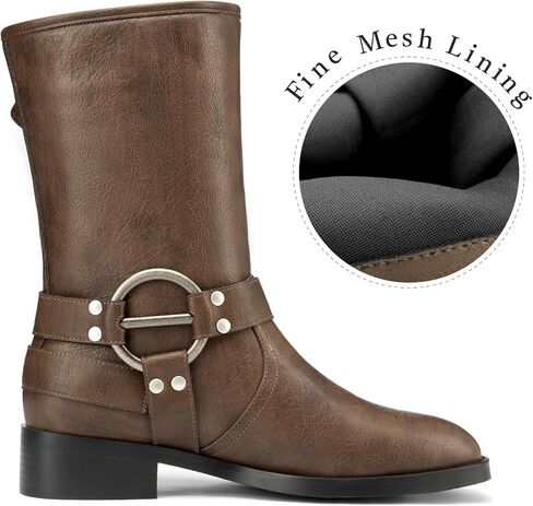 Saekcted Womens Chunky Block Low Heel Mid Calf Boots Riding Boots Slip-on Buckle Party Basic Classic Motorcycle Boots Buckle Biker Boots in Saudi Arabia