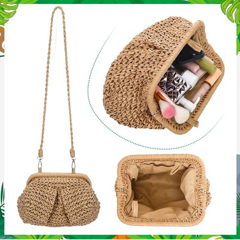 Wedding Straw Dumpling Clutch Purse Beach Crossbody Bag Vacation Summer Clutch Shoulder Handbag Woven Dumpling Pouch Bag with Strap for Women Bride Shower Engagement Party Honeymoon Gift in Saudi Arabia