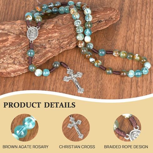 10mm Green Beads Catholic Rosary 18.5 Inch Agate Rosary Beads Catholic Handmade Braided Rosaries with Curcifix Cross and Holy Mary Medal(Green) in Saudi Arabia