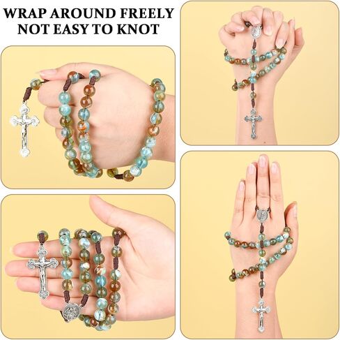 10mm Green Beads Catholic Rosary 18.5 Inch Agate Rosary Beads Catholic Handmade Braided Rosaries with Curcifix Cross and Holy Mary Medal(Green) in Saudi Arabia