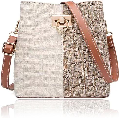 Cross Body Bucket Bag for Woman,Small Two Tone Leather Crossbody Purse,Quick Open Summer Woven Shoulder Handbag in Saudi Arabia