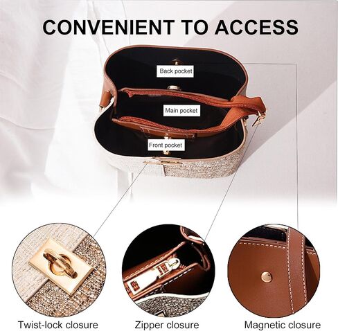 Cross Body Bucket Bag for Woman,Small Two Tone Leather Crossbody Purse,Quick Open Summer Woven Shoulder Handbag in Saudi Arabia