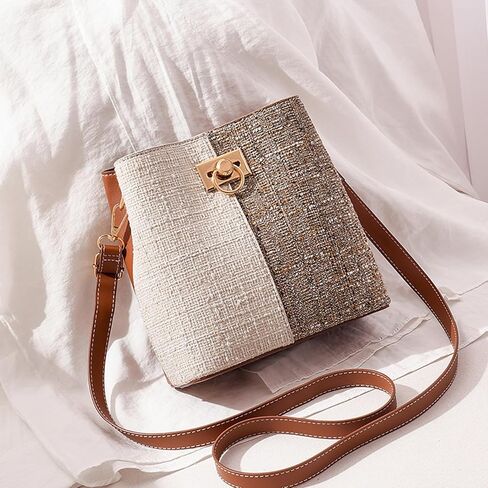 Cross Body Bucket Bag for Woman,Small Two Tone Leather Crossbody Purse,Quick Open Summer Woven Shoulder Handbag in Saudi Arabia