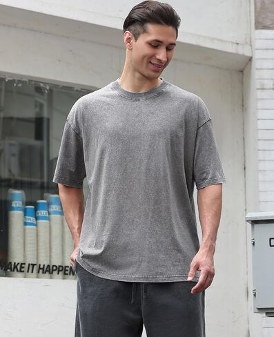 Mens Oversized T Shirts Acid Wash Loose Fit Vintage Washed Tee Shirt Short Sleeve Streetwear Casual T-Shirts in Saudi Arabia