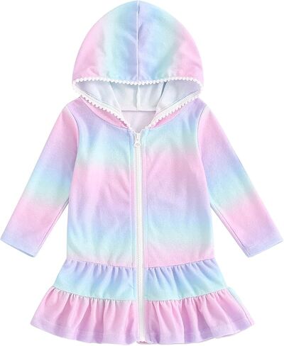 Toddler Girl Swim Cover Up Long Sleeve Floral Zipper Hooded Swimsuit Little Kids Towel Beach Dress Bathing Suit in Saudi Arabia