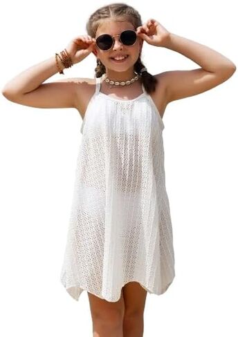 OYOANGLE Girl's Swimsuit Cover Ups Crochet Mesh Spaghetti Strap Beach Dress Summer Bikini Coverups in Saudi Arabia
