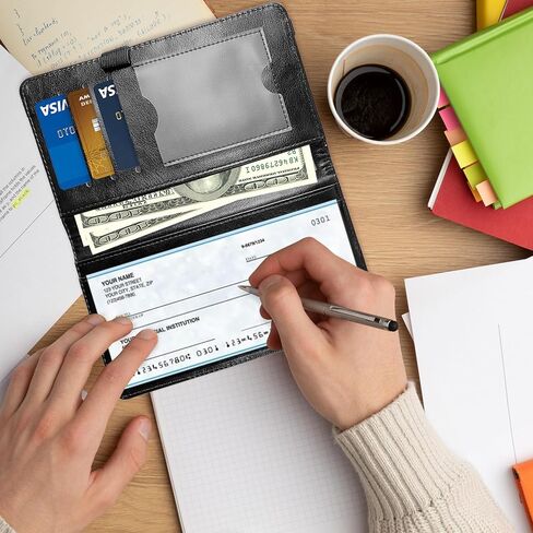 غطاء دفتر شيكات من الجلد الناعم لدفتر الشيكات الشخصي، حامل دفتر شيكات RFID للسيدات مع حامل قلم وحامل بطاقات مع مقسم - علم مموه in Kuwait