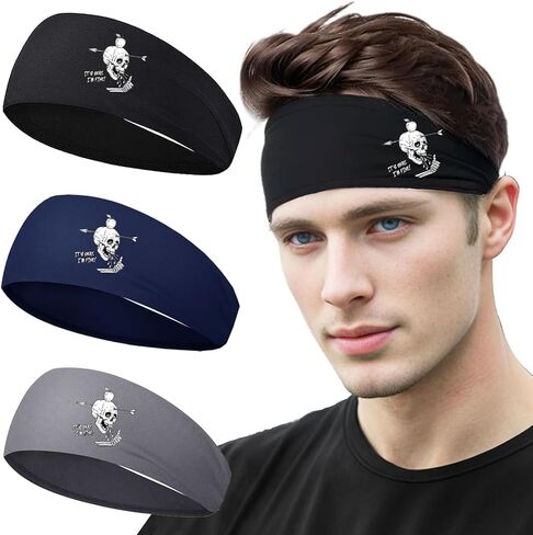 Sweat Bands Headbands Men 3pcs Sports Headbands for Men Women Skull Finger Print Sweatbands for Men Head Bands Mens Workout Cooling Headbands for Men Boys Moisture Wicking Running Headband Men in Saudi Arabia
