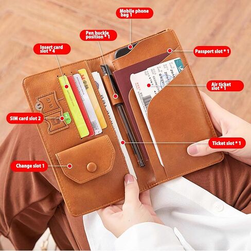 حامل جواز السفر، فتحات بطاقات حامل جواز السفر من الجلد الفاخر للرجال/النساء، منظم مستندات محافظ جواز السفر، حامل جواز السفر العائلي لأساسيات السفر (بني) in Kuwait