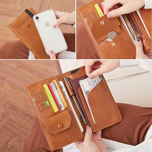 حامل جواز السفر، فتحات بطاقات حامل جواز السفر من الجلد الفاخر للرجال/النساء، منظم مستندات محافظ جواز السفر، حامل جواز السفر العائلي لأساسيات السفر (بني) in Kuwait