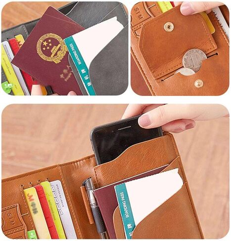 حامل جواز السفر، فتحات بطاقات حامل جواز السفر من الجلد الفاخر للرجال/النساء، منظم مستندات محافظ جواز السفر، حامل جواز السفر العائلي لأساسيات السفر (بني) in Kuwait