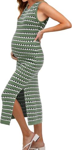 OUGES Women's 2025 Summer Maternity Dress Knit Sleeveless Crewneck Midi Dress Side Slit Striped Bodycon Sweater Dress in Kuwait