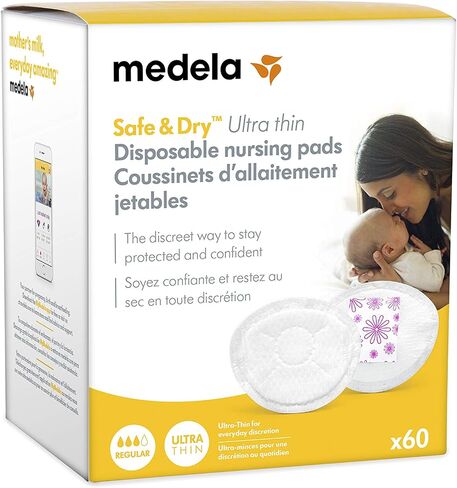 Medela Safe & Dry Ultra Thin Disposable Nursing Pads, 60 Count Breast Pads for Breastfeeding, Leakproof Design, Slender and Contoured for Optimal Fit and Discretion(Pack of 1) in Kuwait