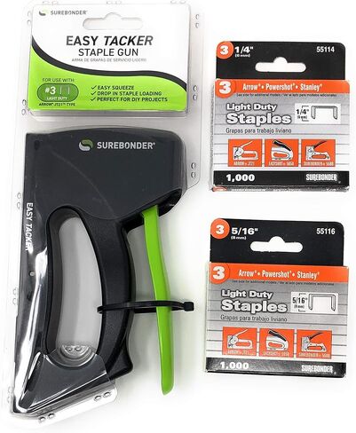 حزمة دباسة بلاستيكية خفيفة التحمل من Surebonder 5525 مع رقم 3 دباسة خفيفة التحمل 1/4 بوصة طول الساق 55114 و5/16 بوصة طول الساق 55116، دبابيس تاج 0.441 بوصة، نوع سهم JT21، عدد 1000 لكل منها in Kuwait