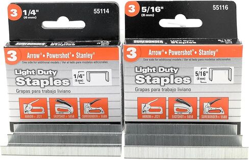 حزمة دباسة بلاستيكية خفيفة التحمل من Surebonder 5525 مع رقم 3 دباسة خفيفة التحمل 1/4 بوصة طول الساق 55114 و5/16 بوصة طول الساق 55116، دبابيس تاج 0.441 بوصة، نوع سهم JT21، عدد 1000 لكل منها in Kuwait