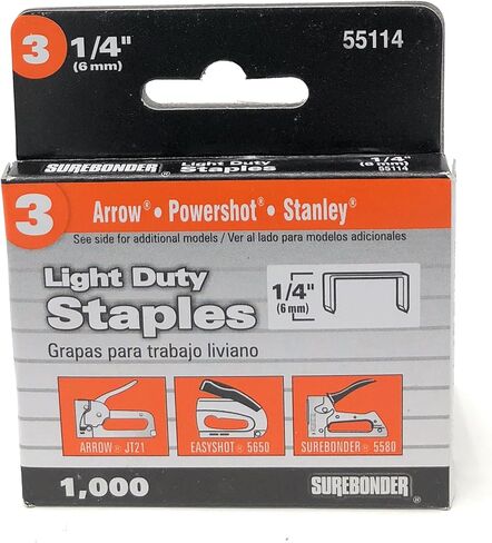 حزمة دباسة بلاستيكية خفيفة التحمل من Surebonder 5525 مع رقم 3 دباسة خفيفة التحمل 1/4 بوصة طول الساق 55114 و5/16 بوصة طول الساق 55116، دبابيس تاج 0.441 بوصة، نوع سهم JT21، عدد 1000 لكل منها in Kuwait
