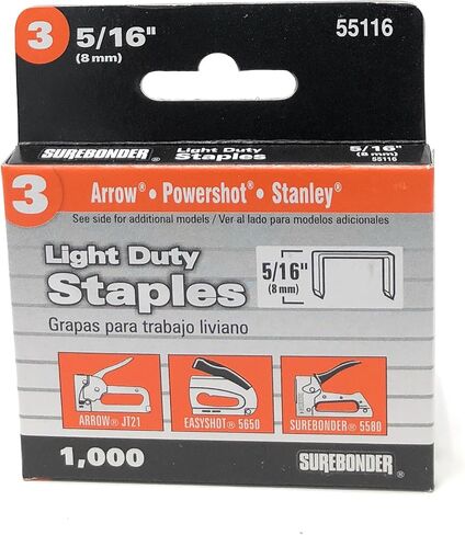 حزمة دباسة بلاستيكية خفيفة التحمل من Surebonder 5525 مع رقم 3 دباسة خفيفة التحمل 1/4 بوصة طول الساق 55114 و5/16 بوصة طول الساق 55116، دبابيس تاج 0.441 بوصة، نوع سهم JT21، عدد 1000 لكل منها in Kuwait