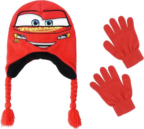 مجموعة قبعة وقفازات للأطفال من Disney Pixar Cars، قبعة Lightning McQueen بيروفية شتوية متماسكة مع شرابات وقفازات متطابقة، أحمر، مقاس واحد in Saudi Arabia