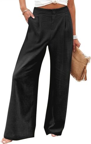 Womens Casual Linen High Waist Wide Leg Pants Palazzo Boho Flowy Beach Vacation Lounge Trousers with Pockets in Saudi Arabia