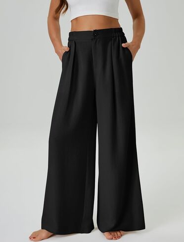 Womens Casual Linen High Waist Wide Leg Pants Palazzo Boho Flowy Beach Vacation Lounge Trousers with Pockets in Saudi Arabia