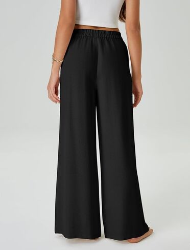 Womens Casual Linen High Waist Wide Leg Pants Palazzo Boho Flowy Beach Vacation Lounge Trousers with Pockets in Saudi Arabia
