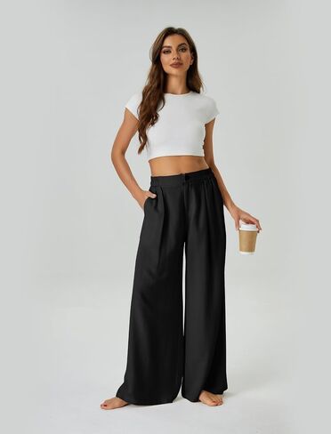 Womens Casual Linen High Waist Wide Leg Pants Palazzo Boho Flowy Beach Vacation Lounge Trousers with Pockets in Saudi Arabia