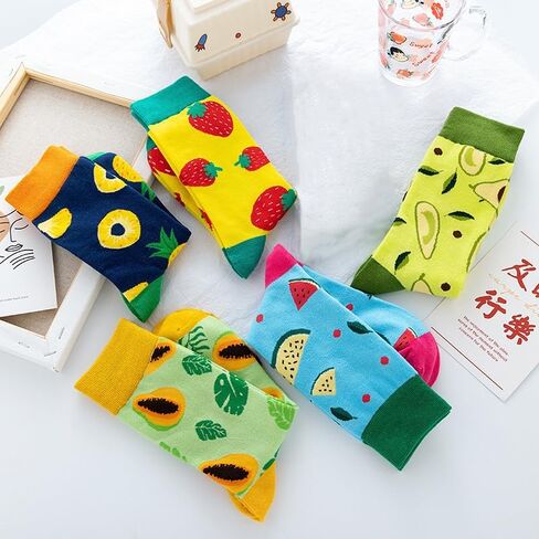 Womens Novelty Funny Funky Crew Socks Colorful Crazy Cute Fun Fruit Floral Pineapple Patterned Cotton Dress Socks in Saudi Arabia