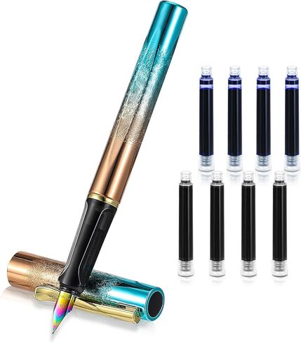 Fountain Pen Set, Colored Plastic Fountain Pen With 4 Black Ink and 4 Blue Ink 0.38mm Extra Fine Point Business Writing Pen for Journaling Signature School Office Gift Supplies (Blue gradient) in Saudi Arabia