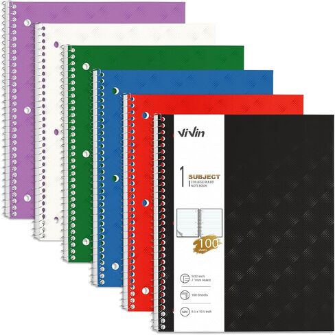 ViVin Spiral Notebooks 6 Pack, 1 Subject, 8.5" x 10.5", College Ruled, 100 Sheets, Plastic Cover, Movable Pocket Divider, Assorted 6 Colors in Saudi Arabia