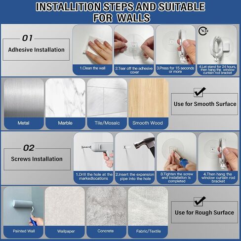 Adhesive Curtain Rod Holders,No Drill Curtain Rod Bracket, Removable Curtain Rod Holder,Adjustable Curtain Rod Brackets for Wall (White 6 PCS) in Saudi Arabia