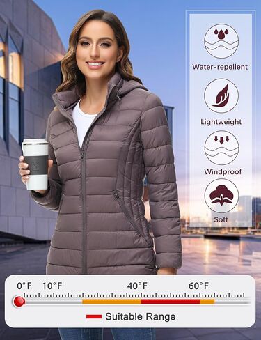 سترة منتفخة للسيدات من ROYAL MATRIX قابلة للتعبئة معطف منتفخ خفيف الوزن مع غطاء للرأس سترات منتفخة طويلة للشتاء الدافئ للسفر in Kuwait