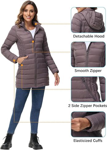 سترة منتفخة للسيدات من ROYAL MATRIX قابلة للتعبئة معطف منتفخ خفيف الوزن مع غطاء للرأس سترات منتفخة طويلة للشتاء الدافئ للسفر in Kuwait