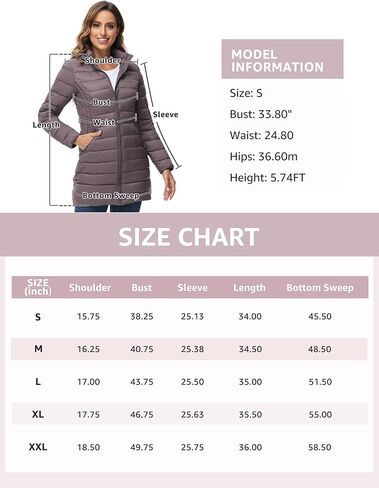 سترة منتفخة للسيدات من ROYAL MATRIX قابلة للتعبئة معطف منتفخ خفيف الوزن مع غطاء للرأس سترات منتفخة طويلة للشتاء الدافئ للسفر in Kuwait