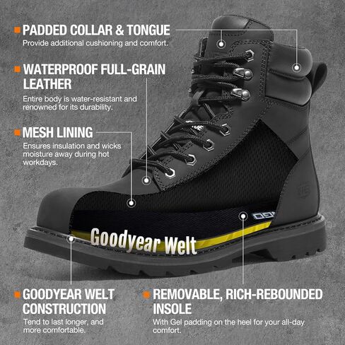 Steel Toe Work Boots for Men, Comfortable Leather Industrial & Construction Boots, Oil & Water Resistance Anti Slip Safety Boots with EH Protection, for Outdoor Factories Warehouses Farms in Saudi Arabia